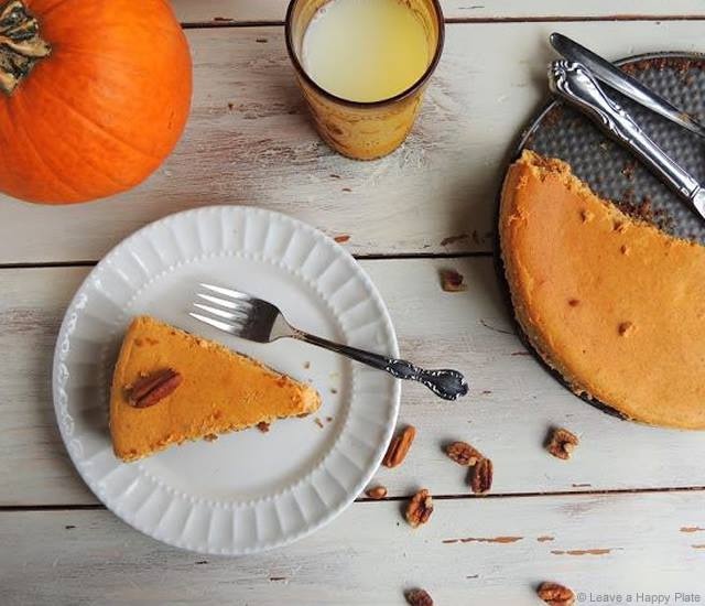 Pumpkin cheesecake with pecan crust | Image courtesy of Leave a Happy Plate